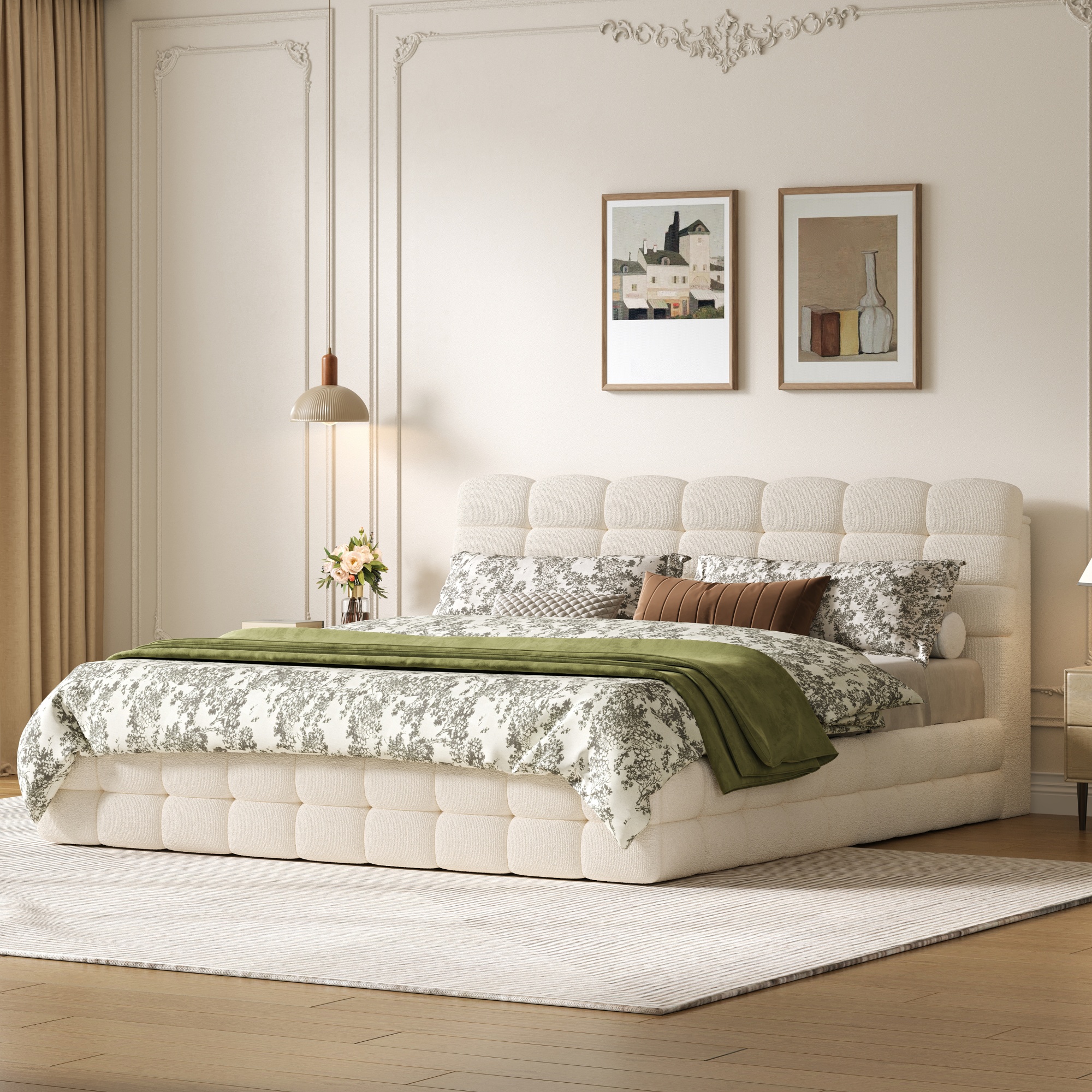 Noble House Cadre de Lit Grand avec Rangement avec Levage et Rangement Hydraulique, Lit Plateforme en Bouclé avec Tête de Lit Capitonnée et Lattes de Bois, Blanc Crème