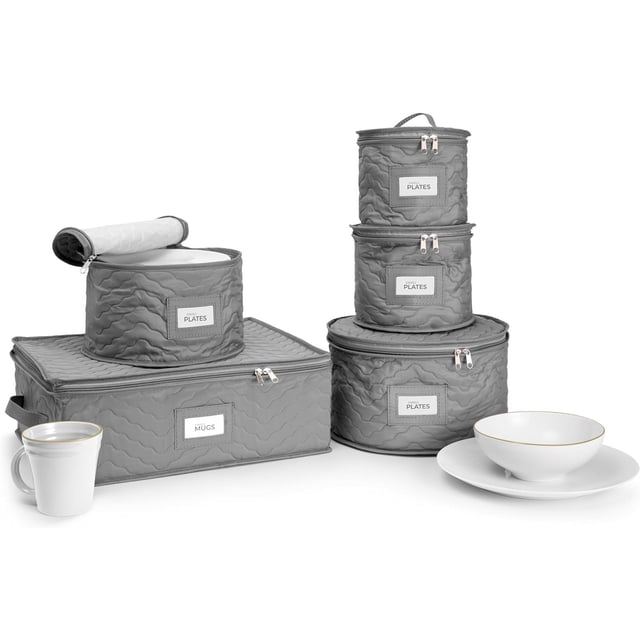 Sorbus Ensemble de Rangement de Vaisselle 5 Pcs en Gris, Comprenant des Étuis Matelassés en polyester pour Protéger et Organiser jusqu'à 12 Assiettes de Souper, Assiettes à Salade, Assiettes à dessert, Soucoupes et Tasses. Comprend une Conception à Chargement par le Haut avec des Fermetures Éclair en nylon Lisse, des Protecteurs Rembourrés en Feutre et des Séparateurs en Carton pour une Sécurité Accrue. Chaque Étui a une Fenêtre d'Étiquette de Contenu pour une identification Facile. Idéal pour Ranger la Vaisselle de Chine, les Patrimoines Ou la Vaisselle de Tous les Jours dans les Armoires, les Garde-Manger Ou les buffets