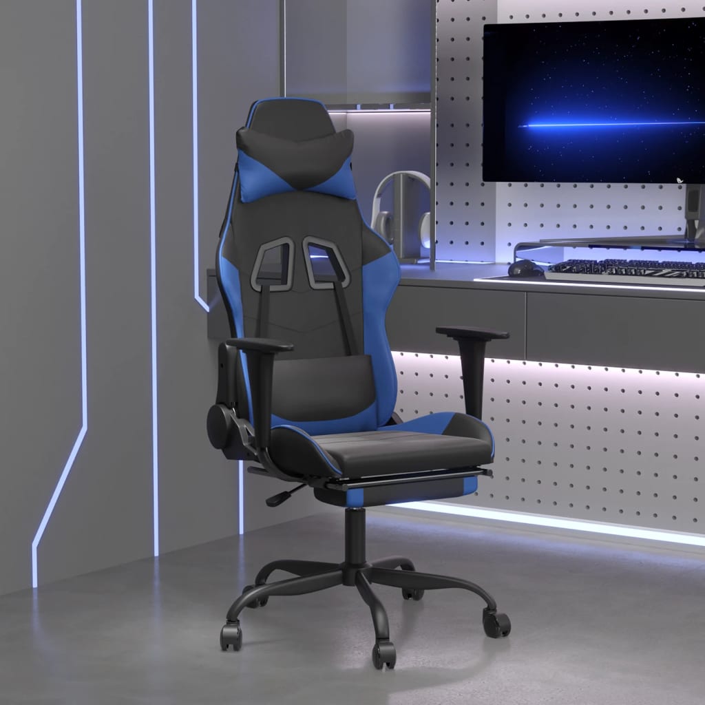 vidaXL Chaise de Gaming avec Repose-Pieds Simili Cuir Noir et Bleu
