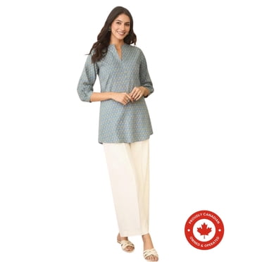 DWEEP SARA Kurti Courte / Tunique à Imprimé Floral en Mélange de Coton Gris pour Femmes – Tenue Décontractée et de Bureau / Manches 3/4 / Tissu Léger et Respirant, L-40