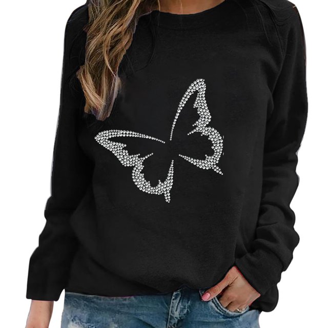 Fashion Womens Casual O-neck Butterfly Rhinestone Long Sleeve Tops T-shirt