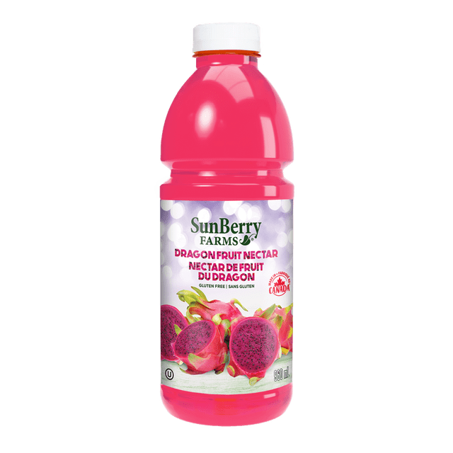 SunBerry Farms Dragon Fruit Nectar 960 ml bottle with vibrant pink juice, labeled with images of whole and sliced magenta dragon fruits, gluten-free, made in Canada, a tropical fruit juice blend rich in vitamin C and potassium, also suitable for refreshing hydration.