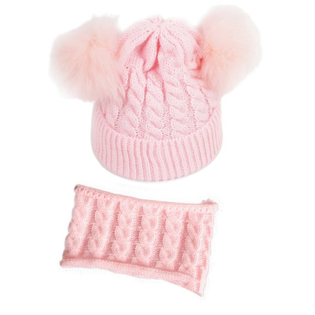 Ensemble Bonnet Tricoté à Double Pompon pour Bébé Hiver
