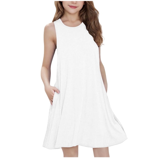 Yuyuzo Robes Midi d'Été pour Filles Amples Décontractées Sans Manches Mignonnes Ligne A Fluides Robe d'Été avec Poches