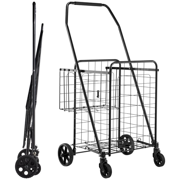 KFFKFF Shopping Cart, Folding Grocery Utility Cart with Dual Baskets, Waterproof Liner & Wheels, 100 LBS Large Load Capacity, Heavy Duty Laundry Basket