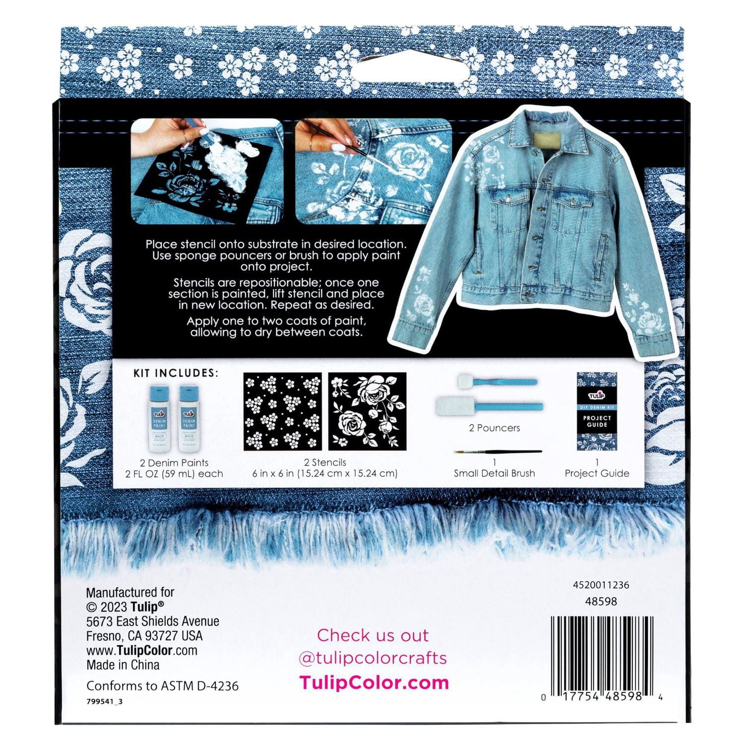 Tulip Trousse de peinture et pochoirs pour denim, 8 pièces, adultes, art au pochoir, peinture pour tissu