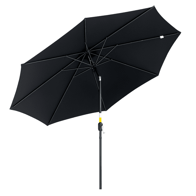 Outsunny Parasol de Marché Rond 10 Pieds x 8 Pieds en Noir, Doté d'Un Cadre en Acier durable et d'Un Tissu en polyester 180 G/m2 pour la protection Solaire. le Parasol a 8 Baleines pour la Stabilité, un Mécanisme à Manivelle pour une Ouverture et une Fermeture Faciles, et une Inclinaison Réglable pour un Ombrage Personnalisé. Conçu pour une Utilisation Extérieure dans les patios, Jardins Ou Zones au Bord de la Piscine. Support Non Inclus.