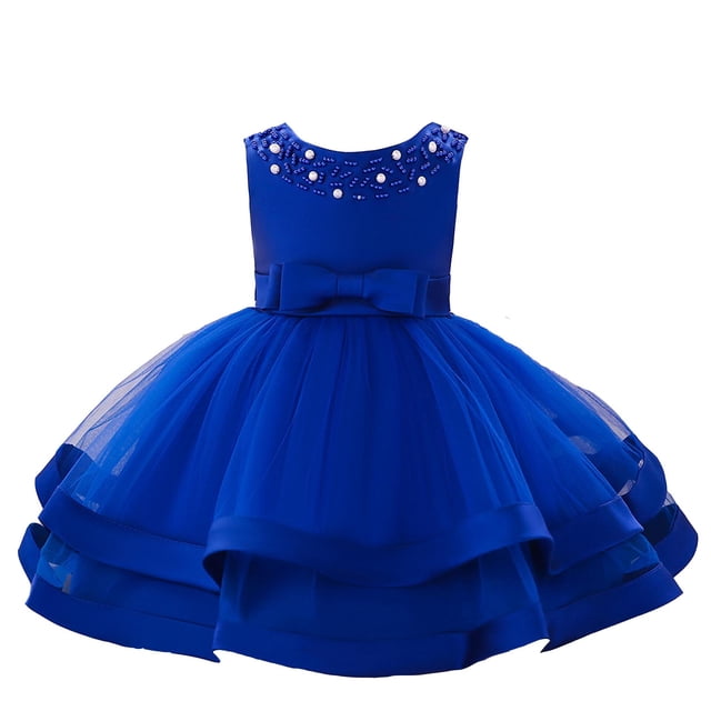 MIASHUI Robe de Concours pour Filles, Robe de Fête à Volants avec Fleurs, Robe de Bal de Mariage pour Enfants, Robe de Princesse Formelle, Bleu, 6-12 Mois
