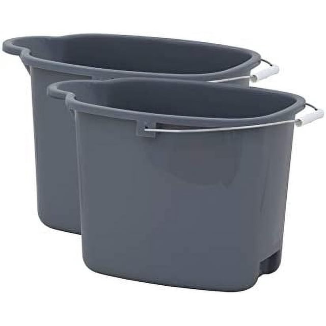 Superio Plastic Mop Bucket, Grey, 16 Liter (2 Pack) featuring two durable grey plastic buckets with ergonomic white handles. Each bucket has a 16-liter capacity, a large spout for easy pouring, and a sturdy, chemical-resistant construction suitable for heavy-duty tasks like mopping, car washing, and camping.