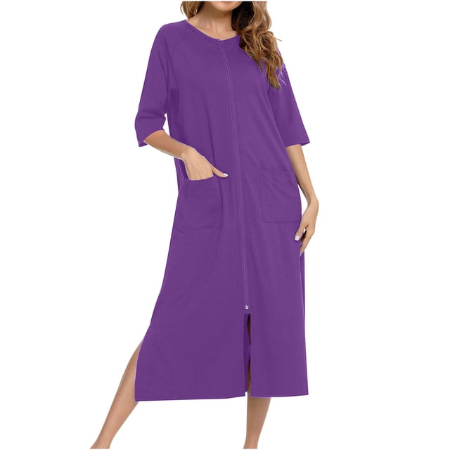Besolor Robe de Nuit à Fermeture Éclair pour Femme, Col Ras du Cou, Manches 3/4, Peignoir, Robe de Chambre avec Poches, Vêtement de Nuit, P-2TG
