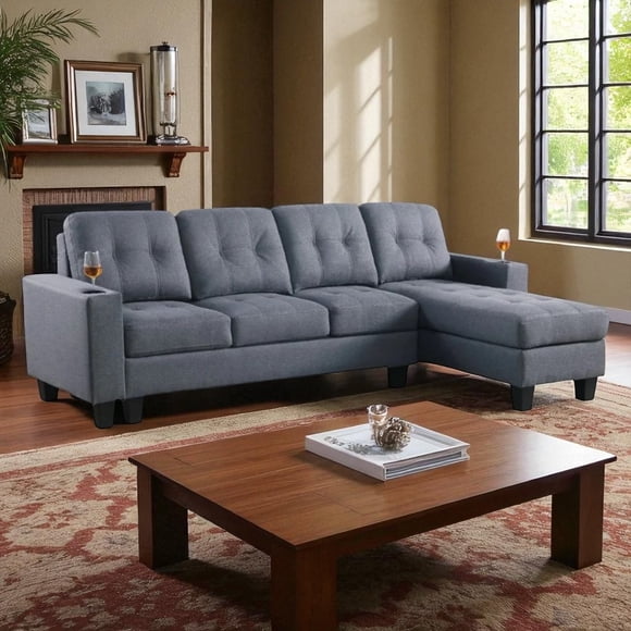 Cole Fabric Upholstered Sectional Sofa With Reversible Chaise – Grey Linen L-Shaped Couch with Cup Holders for Living Room