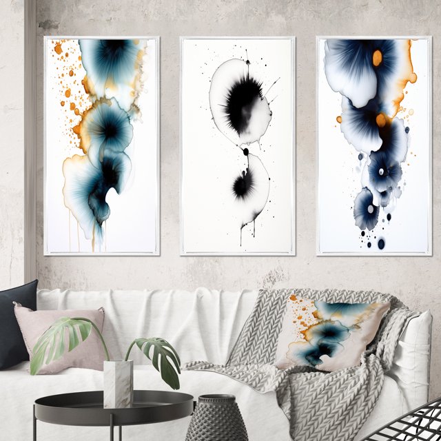Designart "Heartbeat Rhapsody Turquoise and Gold Ink Cloud II" Abstract Painting Framed Wall Art Set Of 3 - Turquoise Modern Frame Canvas Set For Living Room Decor