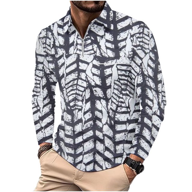 T-Shirt Décontracté Imprimé à Fermeture Éclair pour Hommes, Manches Longues, Col à Revers