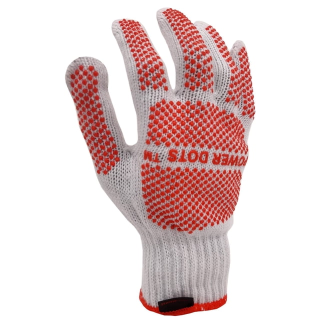 Handcrew Power Dot Gloves showing a white knit work glove with red Power Dot grip dots on the palm, fingers, and thumb, engineered for durability and dexterity, suitable for construction and DIY projects.