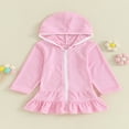 thumbnail image 2 of Kids Girl Hoodie Dress Solid Color Ruffled Zipper Long Sleeves Beach Dress, 2 of 8
