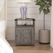 VEANERWOOD Farmhouse Nightstand with Charging Station, Rustic End Table Bedroom with Storage Living Room Side Table with USB Ports and Outlets, 18in, Grey Finish