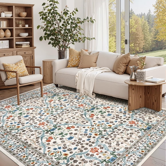 5x7 Large Living Room Area Rug Washable Non Slip Bedroom Rugs Soft Low Pile Under Table Carpet for Dining Room Floral Print Botanical Floor cover Mat for Home Office, Beige