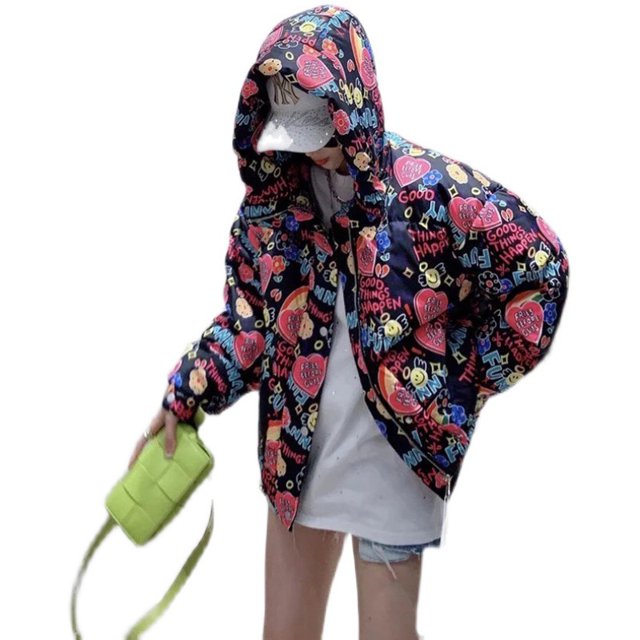 Winter print hooded waterproof bread down jacket fleece trend(Black,S)