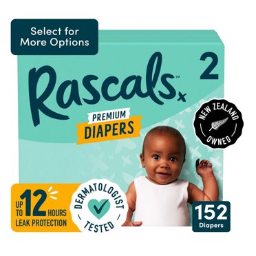 Rascals Premium Absorbent Baby Diapers, Size 2, Carton, 152 Count
