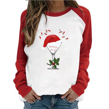 T-shirt Décontracté pour Femmes à Manches Longues, Col Rond, Imprimé Patchwork de Noël pour le Printemps