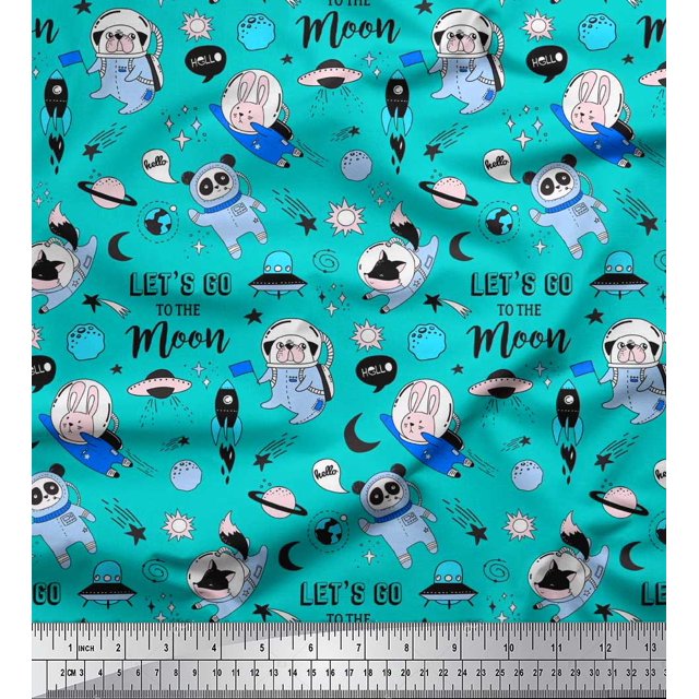 Soimoi Polyester Crepe Fabric Planet,Rocket & Astronaut Animals Cartoon Print Fabric by The Yard 52 Inch Wide