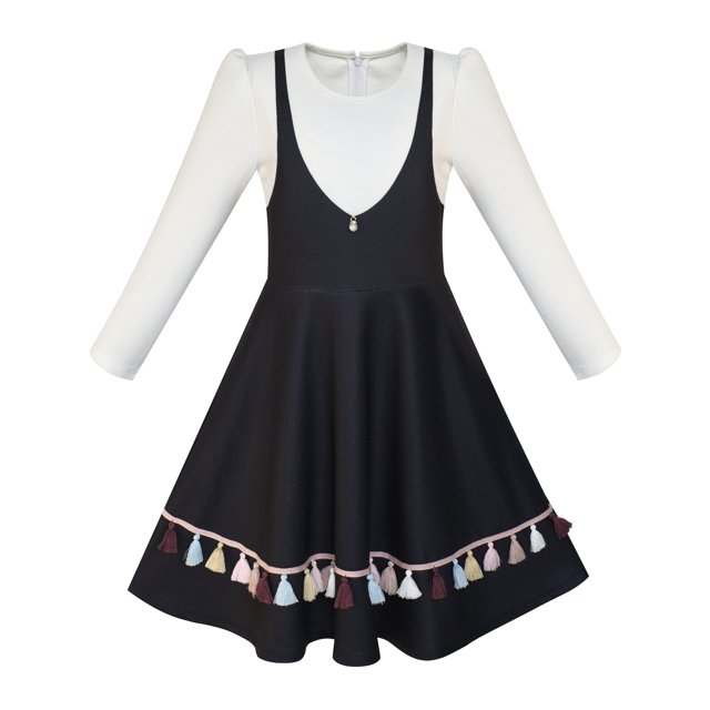 Robe Fille Uniforme Scolaire 2-en-1 Manches Longues Noire à Franges 12 Ans