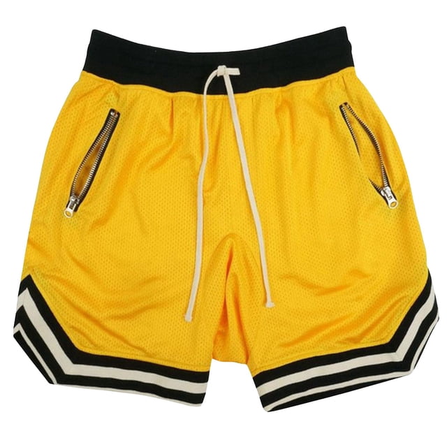 Penkiiy Men's Running Athletic Shorts Mesh Basketball Shorts with 2 Zipper Pockets S Yellow