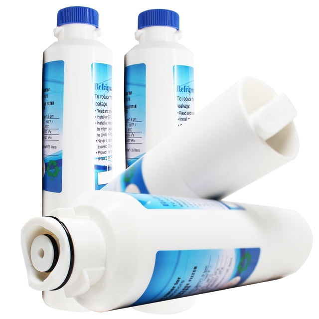 4-Pack Compatible Samsung DA29-00020B Refrigerator Water Filter cartridges shown in a close-up view. The white cylindrical filters feature blue caps and detailed labels with specifications. Designed to reduce contaminants like lead and chlorine while retaining beneficial minerals, these filters provide fresh-tasting water. Each filter has a 0.5-micron rating, a flow rate of 0.5 GPM, and a filtration life of 6 months or 300 gallons, depending on water quality. Compatible with Samsung DA29-00020B models, these filters are a Denali Pure brand replacement part.