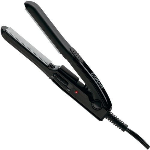 Conair ½" Mini Ceramic Straightener with black plastic body and ceramic plates, featuring an on/off switch, red indicator light, and swivel cord, offering high heat and dual voltage for smooth, travel-friendly hair styling.