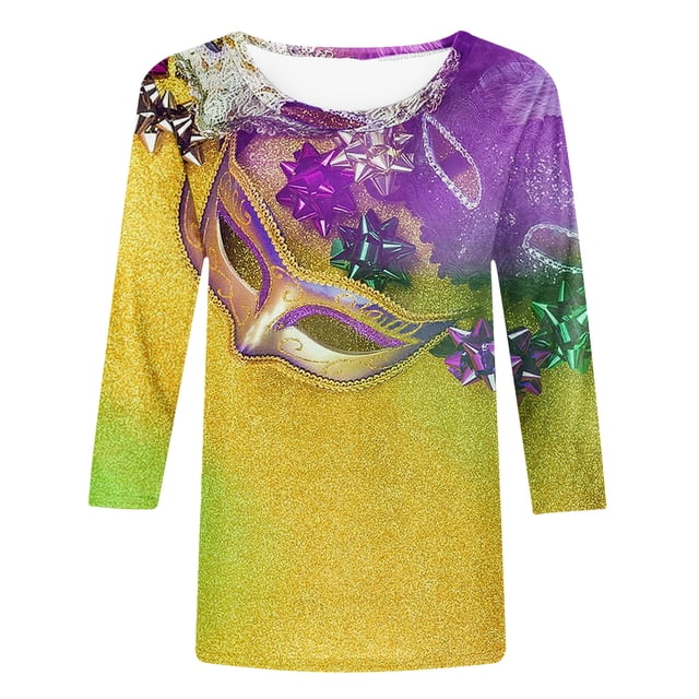 T-shirts de Mardi Gras pour Femmes, T-Shirts de Croisière de Carnaval, Vêtements de Mardi Gras à Masque Pailleté Graphique pour Femmes Grande Taille, T-Shirts à Col Rond à Manches 3/4 Imprimés Masque de Carnaval pour Femmes Mode Hauts de Carnaval