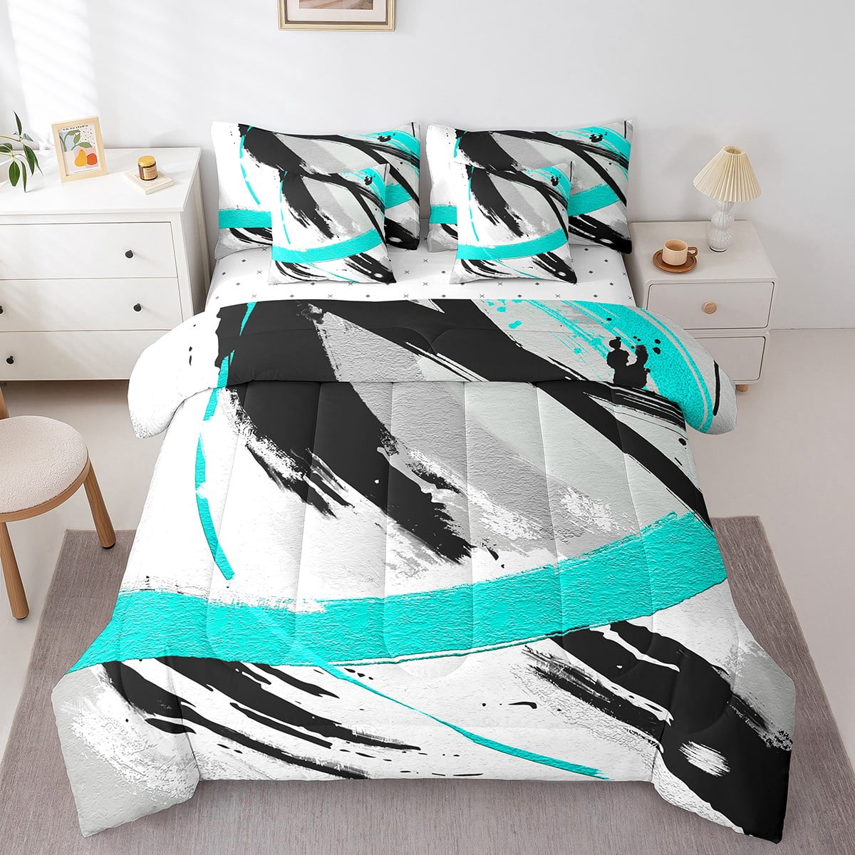 YST Black Grey Teal Bedding Comforter Set 7 Pieces Gradient Abstract Vintage Ombre Graffiti, King Size
