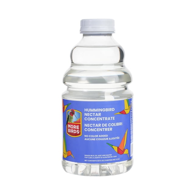 More Birds All-Natural Clear Hummingbird Nectar Concentrate 32 fl oz bottle with white cap and blue label featuring colorful origami hummingbirds, no color added, ready to mix with water to make 96 fl oz of nectar for feeding indoor birds.