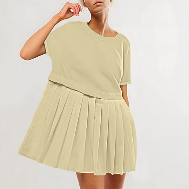 EQWLJWE Summer Patchwork Mini Dresses for Women 2024,Pleated Ruffle Dresses for Women Crew Neck Short Sleeve Dress ,Solid Ruffle A Line Beach Boho Long Maxi Dress with Pockets