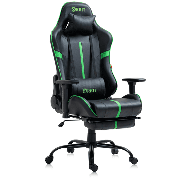Hdcanada Orbit Series Chaise de Jeu Style Course, Chaise Ergonomique Inclinable en Cuir avec Repose-Pieds et Soutien Lombaire Massant - Vert