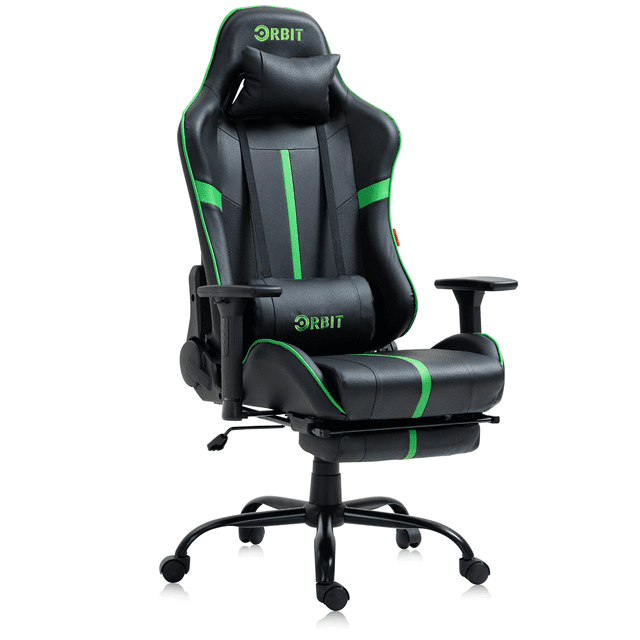 Hdcanada Orbit Series Racing Style Gaming Chair, Reclining Ergonomic Leather Chair with Footrest & Massage Lumbar Support - Green