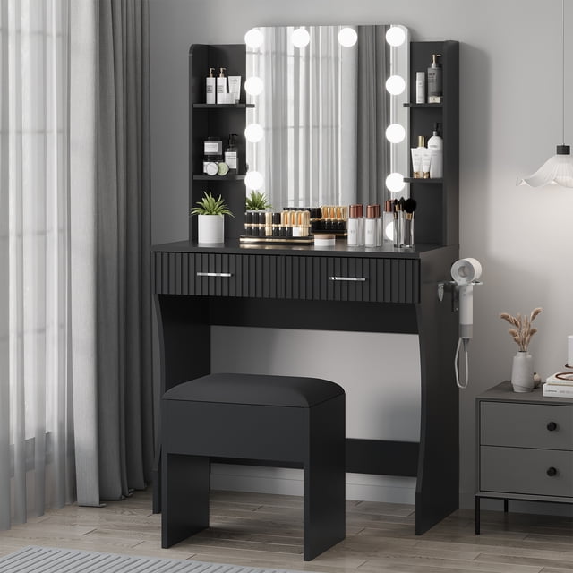 BeesClover Modern Vanity Table with LED Lights Mirror, Dimmable Three-Mode Lighting, 2 Drawers & 6 Shelves, Power Outlet, Hair Dryer Holder & Adjustable Upholstered Stool for Bedroom
