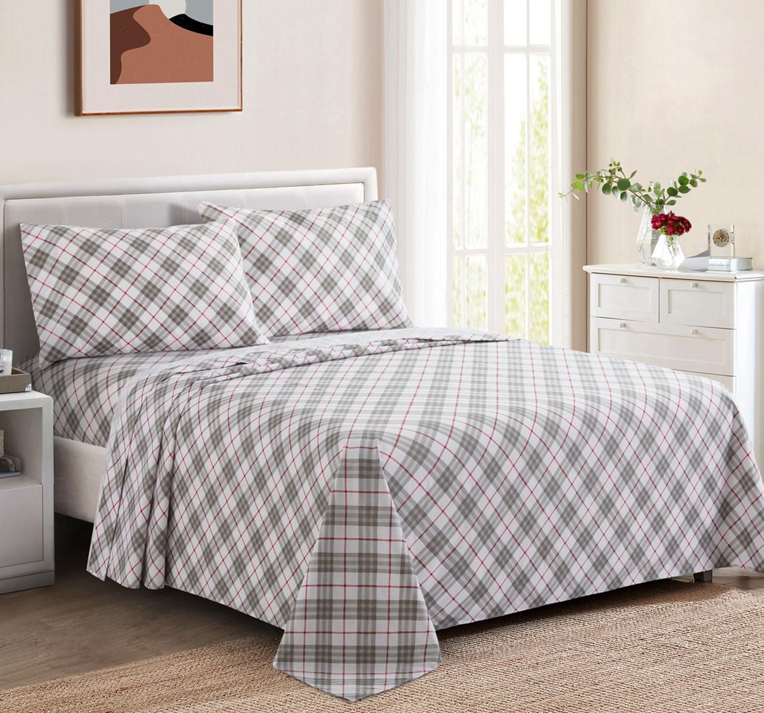Literie Marina Décoration imprimée 600 fils/cm², douce et profonde, en percale de coton à fibres longues, toutes saisons, motif tartan gris et blanc