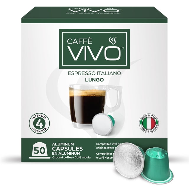 Caffè VIVO Espresso Italiano Lungo (50 Nepresso Compatible Capsules) centered front-facing view of a 50-pack box with several aluminum Nespresso-compatible capsules beside it; box artwork notes Italian origin, lungo-style 110ml serving suggestion and intensity 4, suitable for brewing a longer, milder espresso with crema at home.