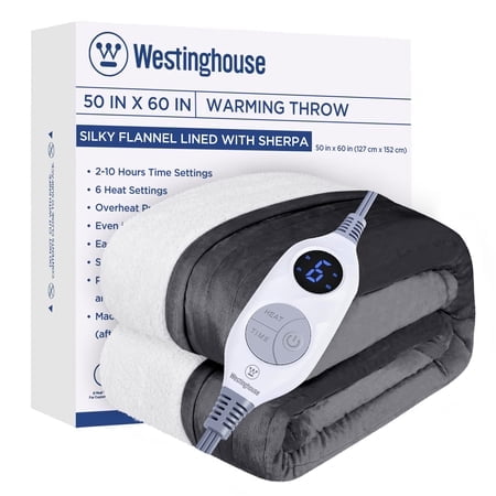 Westinghouse Couverture Électrique Jetée Couverture Chauffante avec 6 Niveaux de Chauffage et Réglages de Temps de 2 à 10 Heures, Flanelle à Sherpa Super Co