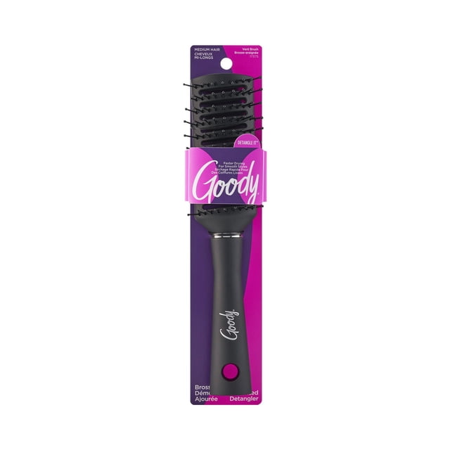 Goody Custom Style Vent Brush Medium Hair with flexible black bristles and ergonomic matte black handle, designed for quick-drying, frizz control, and detangling medium hair on wet or dry hair, shown in purple and pink packaging.