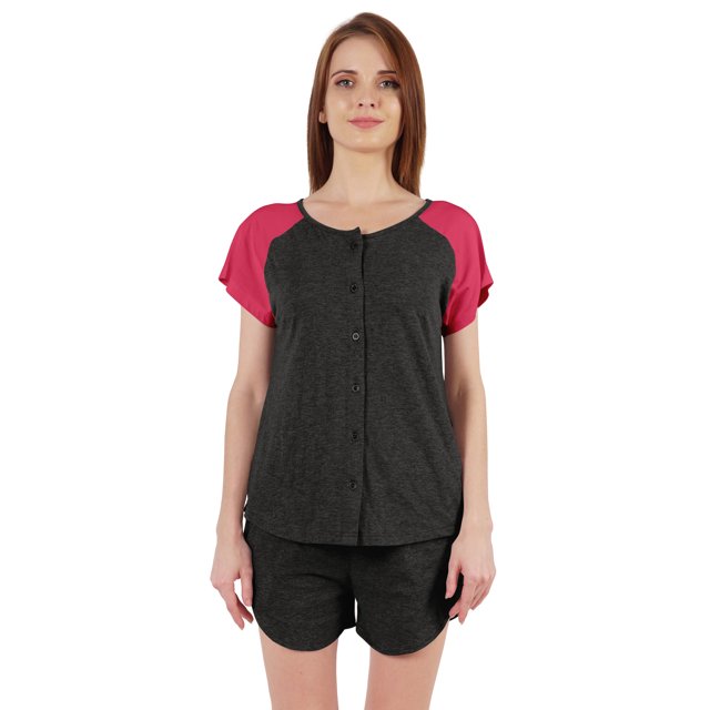 Inkmeso Solid 2 Pc Nightwear Set For Women Raglan Sleeves Button-Down Top & Shorts Sleepwear-80