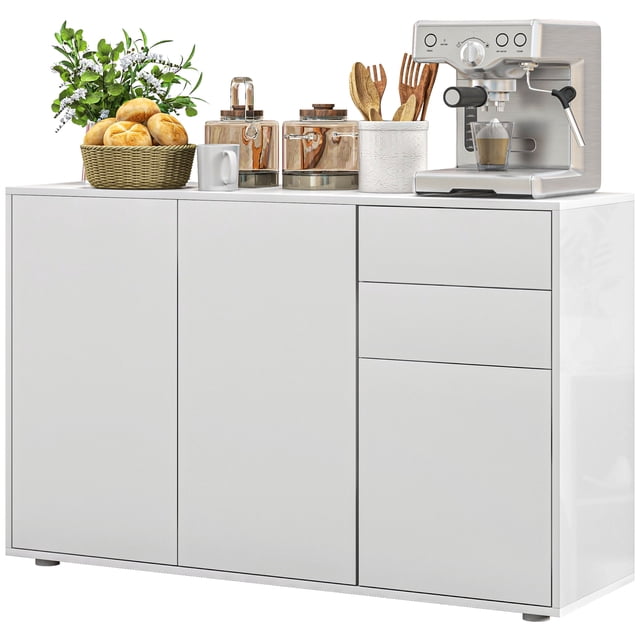 HOMCOM Buffet de Cuisine Armoire de Rangement, Bar à Café Moderne avec Conception à Ouverture par Pression et 2 Tiroirs pour Salon, Blanc