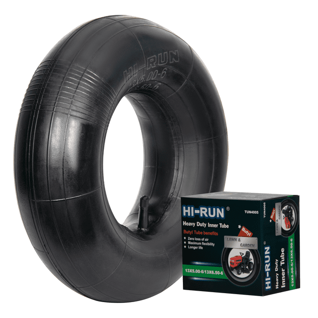 Hi-Run 13x5.00-6 Butyl Inner Tube TR13 for Lawn Mower & Garden Tires shown in a 3/4 profile with black butyl rubber and ribbed texture near the TR13 straight valve stem, alongside its packaging box highlighting heavy-duty air retention and puncture resistance for 6-inch rims, ideal for lawn mower tire repair and garden cart use.