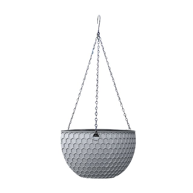 Window Boxes for Valentines Colorful for Indoor Clear Glass Vases for Centerpieces Orchid Pot Large Garden Containers for Outdoor Small Size Rattan Hanging Pot European. A small grey rattan hanging pot with a honeycomb pattern, featuring a durable resin material and self-water absorption. The pot is suspended by three metal chains connected to a hook, suitable for indoor and outdoor use in gardens, balconies, or decorative spaces. Dimensions are approximately 18x12x10cm with a weight of 150g.