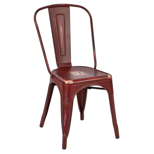 OSP Designs Bristow Antique Red Metal Dining Chair with distressed antique patina and slight surface abrasions, armless curved metal back and seat, rubber feet to protect floors, lightweight and stackable, suitable for kitchen or outdoor deck seating.