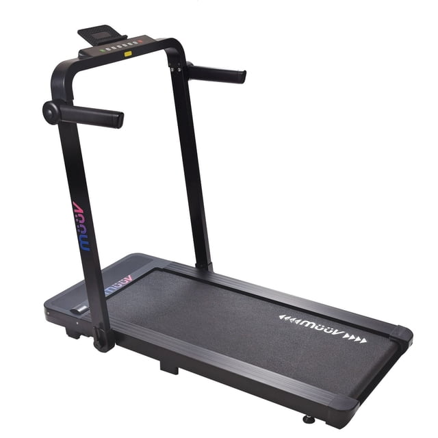 Stamina müüv Treadmill with a slim black frame and foldable handlebars featuring the müüv logo in blue and pink, a textured running belt with müüv branding, and a compact LED display on the handlebar, ideal for home fitness and smart workouts with app integration.
