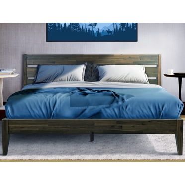 Acacia Cadre de Lit en Émeri avec Tête de Lit, Lit Plateforme en Bois Massif, Cadre de Lit Grand Lit, Design Unique Contemporain, Lit en Bois Signature Compatible avec Tous les Matelas, Antidérapant et Silencieux, Moka