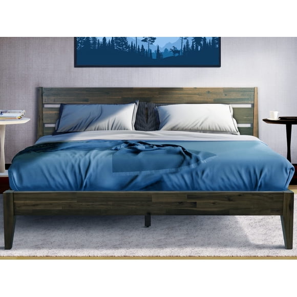 Acacia Emery Bed Frame with Headboard Solid Wood Platform Bed, King Size Bed Frame, Unique Design Contemporary Signature Wood Bed Compatible with All Mattresses, Non-Slip and Noise-Free, Mocha