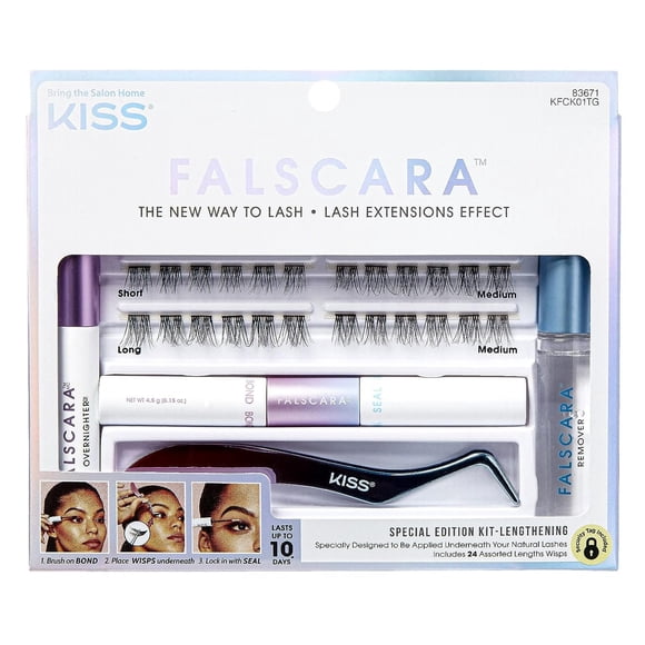 KISS Falscara Faux Cils Édition Spéciale Trousse de Départ avec Overnighter, Bond & Seal, Applicateur, Dissolvant, et 24 Fentes Allongeantes pour Cils