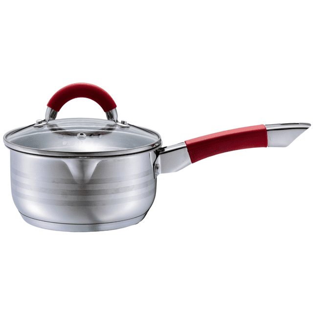 Verka Casserole à Lait en Acier Inoxydable, 16 cm, avec Couvercle, Casserole en Acier Inoxydable de Qualité Alimentaire Polie avec Fond Plat Renforcé et Couvercle en Verre Trempé avec Évent de Vapeur, Dotée d'Une Poignée Ergonomique Rouge à Prise Douce Conçue pour un Versement Facile, Convient pour Réchauffer le Lait, les sauces et la Cuisson en Petits Lots.